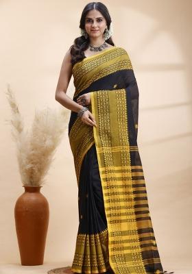Black Hand Woven Cotton Saree Set