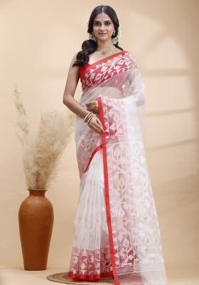 White Hand Woven Silk Blend Saree Set