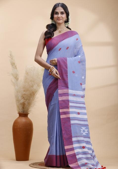 Blue Hand Woven Cotton Saree Set