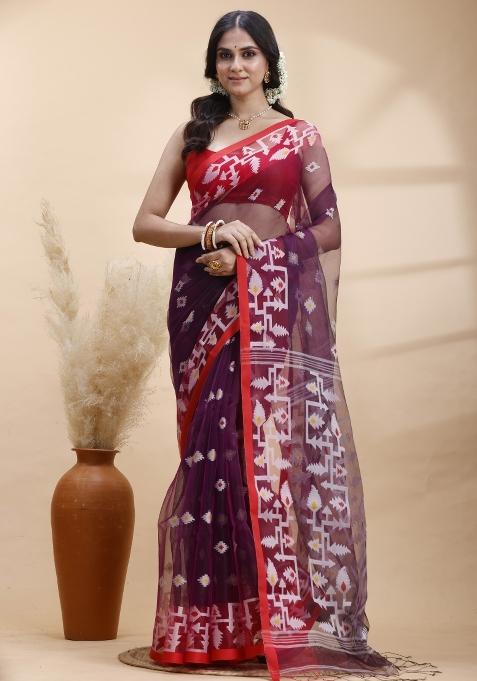 Purple Hand Woven Silk Saree Set