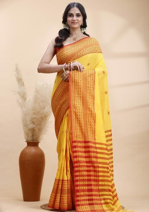 Yellow Hand Woven Cotton Saree Set