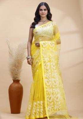 Yellow Hand Woven Silk Blend Saree Set