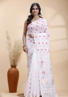 White Hand Woven Cotton Saree Set