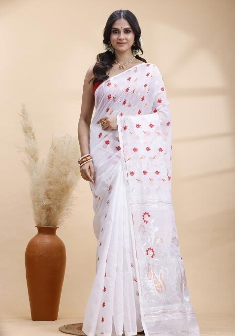 White Hand Woven Cotton Saree Set