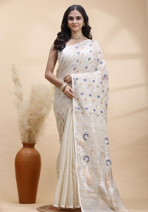 Grey Hand Woven Cotton Saree Set