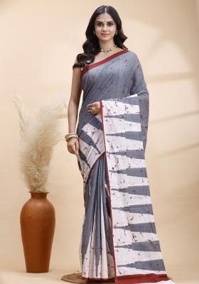 Grey Printed Cotton Saree Set