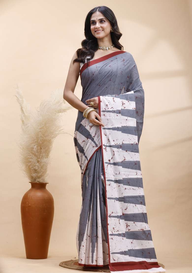 Grey Printed Cotton Saree Set - Indya