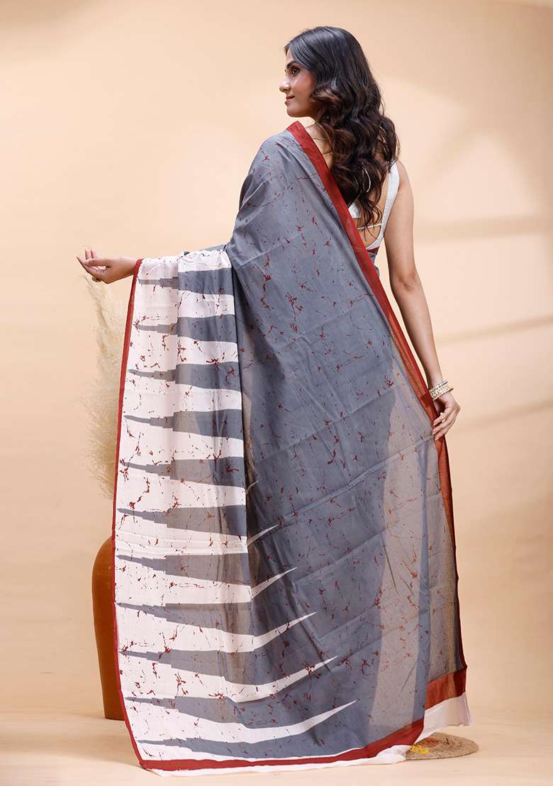 Grey Printed Cotton Saree Set - Indya