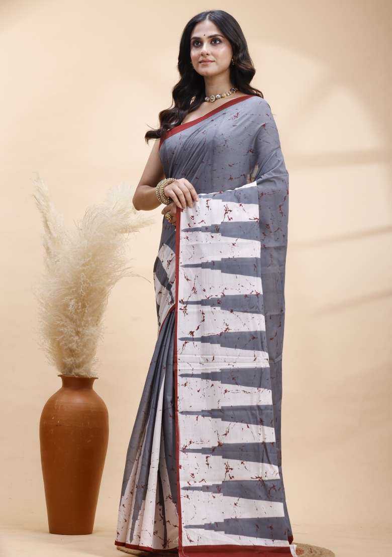 Grey Printed Cotton Saree Set - Indya