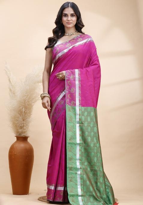 Pink Woven Silk Saree Set