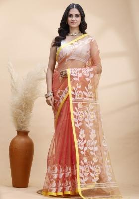 Orange Hand Woven Silk Blend Saree Set