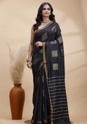 Black Hand Woven Silk Blend Saree Set