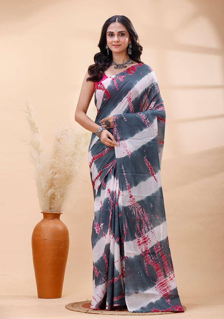 Grey Printed Cotton Saree Set - Indya