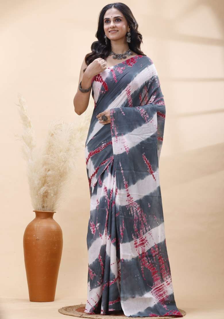 Grey Printed Cotton Saree Set - Indya