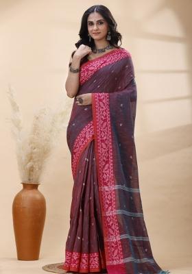 Magenta Hand Woven Cotton Saree Set
