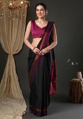 Black Plain Silk Saree Set