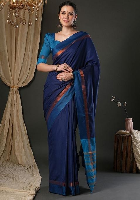 Blue Plain Silk Saree Set — view on Indya