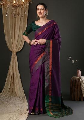 Wine Plain Silk Saree Set