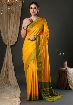 Yellow Plain Silk Blend Saree Set