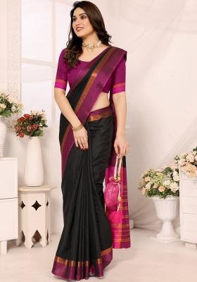 Black Plain Silk Saree Set