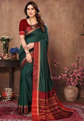 Green Plain Silk Blend Saree Set