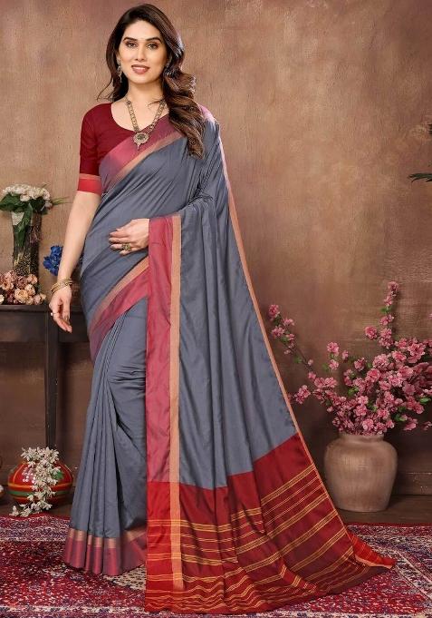Grey Plain Silk Saree Set — view on Indya
