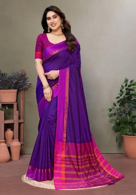 Purple Plain Silk Blend Saree Set