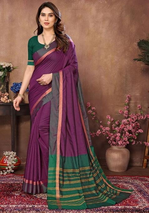 Wine Plain Silk Saree Set