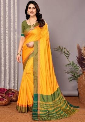 Yellow Plain Silk Blend Saree Set