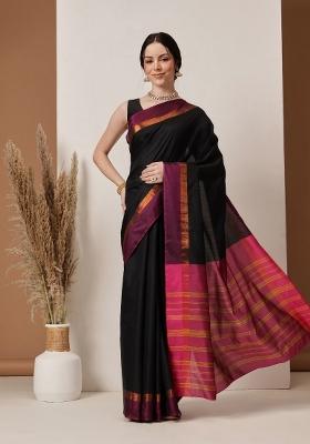 Black Plain Silk Saree Set