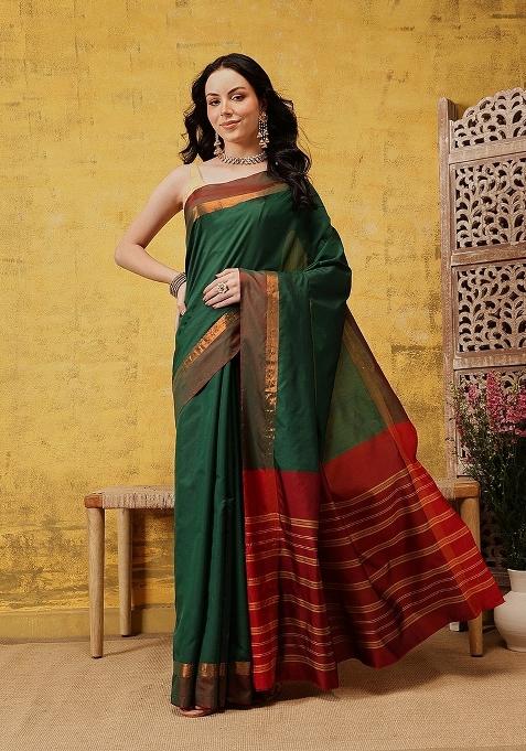 Green Plain Silk Saree Set — view on Indya