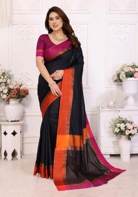 Black Plain Silk Saree Set