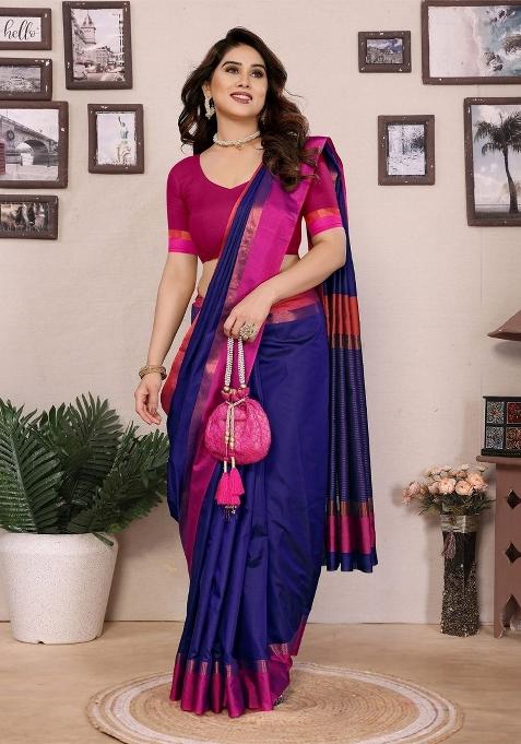 Blue Plain Silk Blend Saree Set