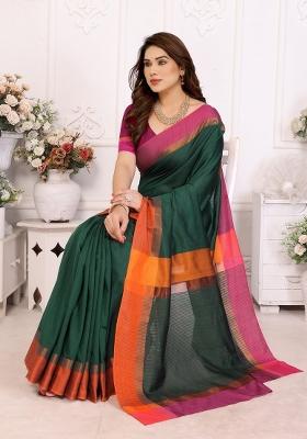 Green Plain Silk Blend Saree Set