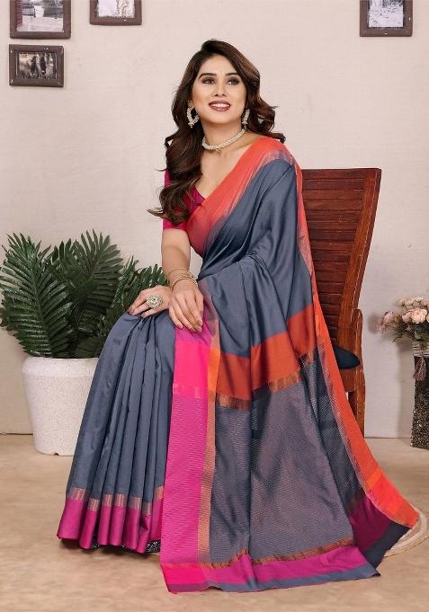 Grey Plain Silk Saree Set — view on Indya