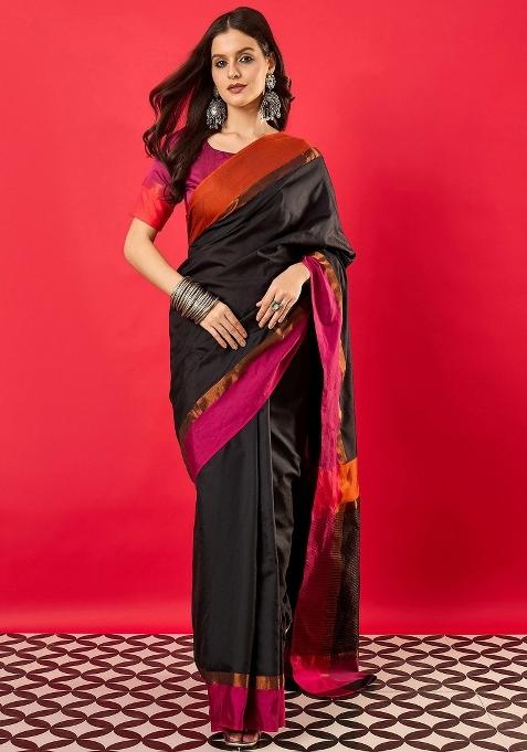 Black Plain Silk Saree Set