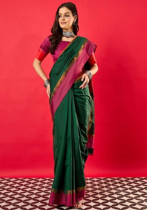 Green Plain Silk Saree Set — view on Indya