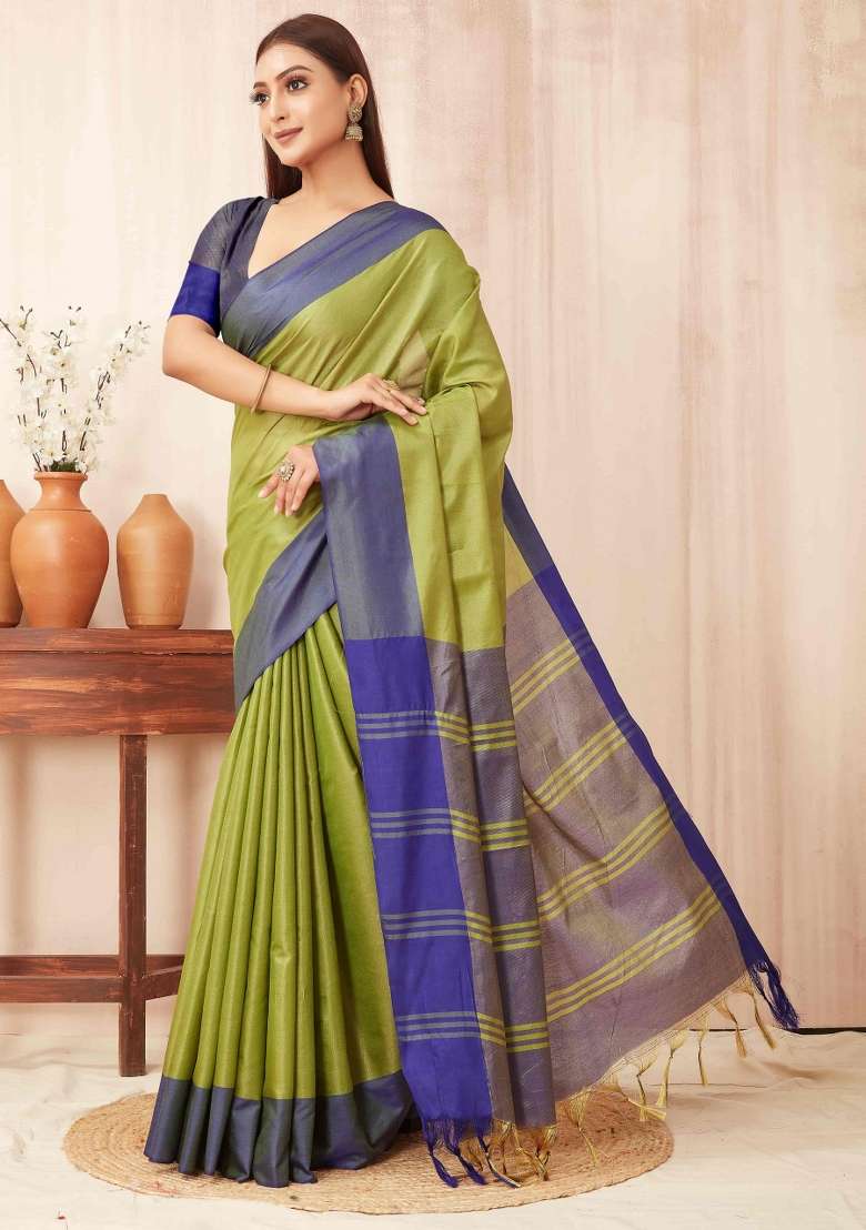 Green Plain Silk Blend Saree Set for Diwali and Festive Wear - Indya