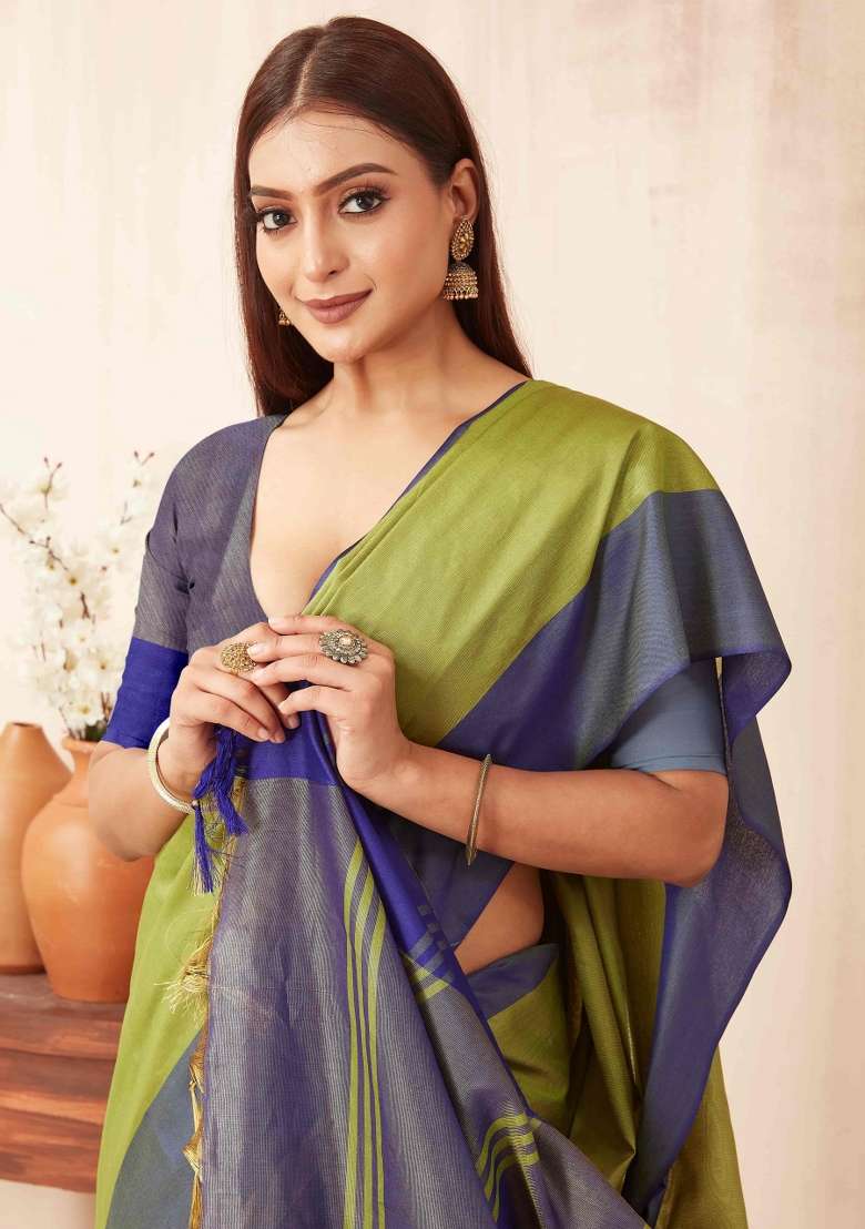 Green Plain Silk Blend Saree Set for Diwali and Festive Wear - Indya