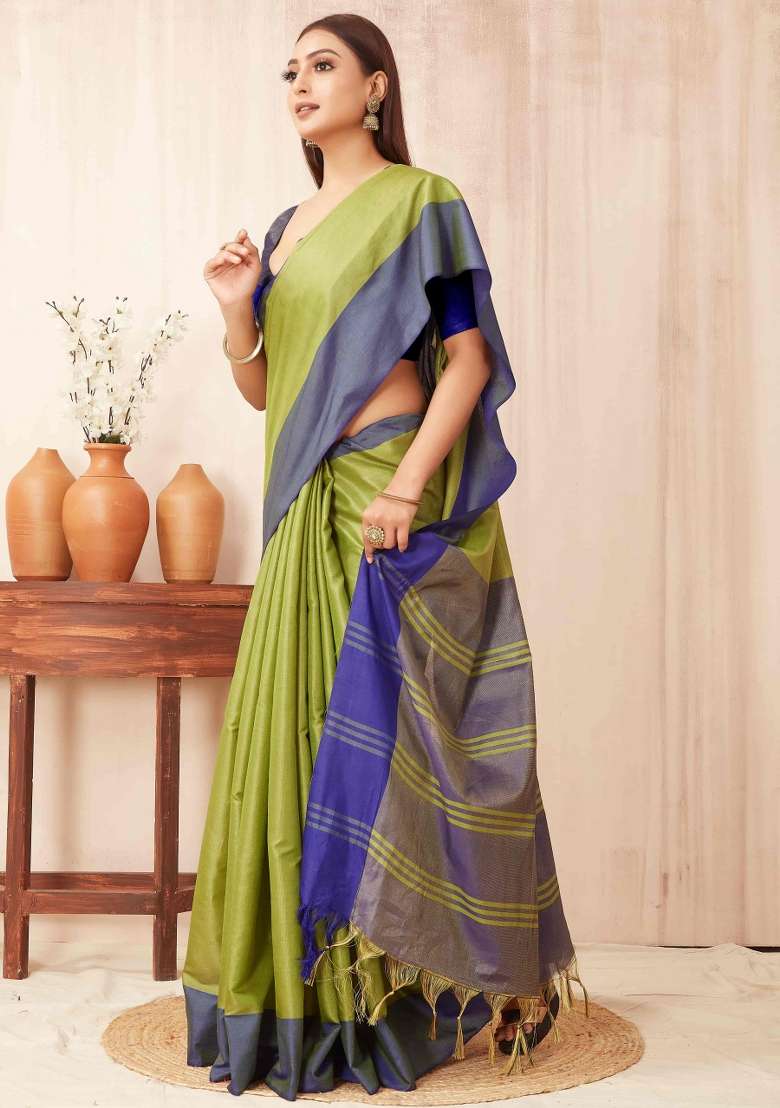 Green Plain Silk Blend Saree Set for Diwali and Festive Wear - Indya