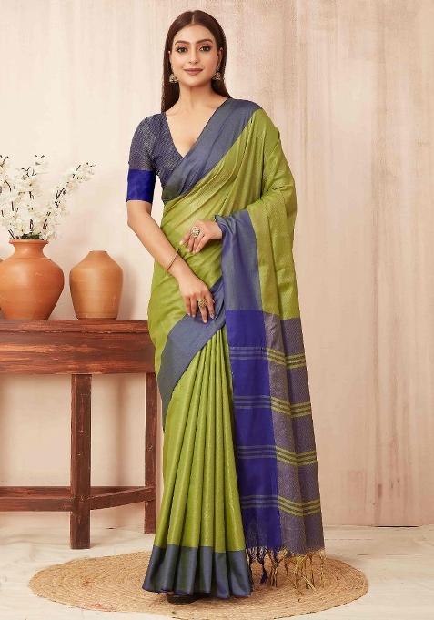 Green Plain Silk Saree Set — view on Indya