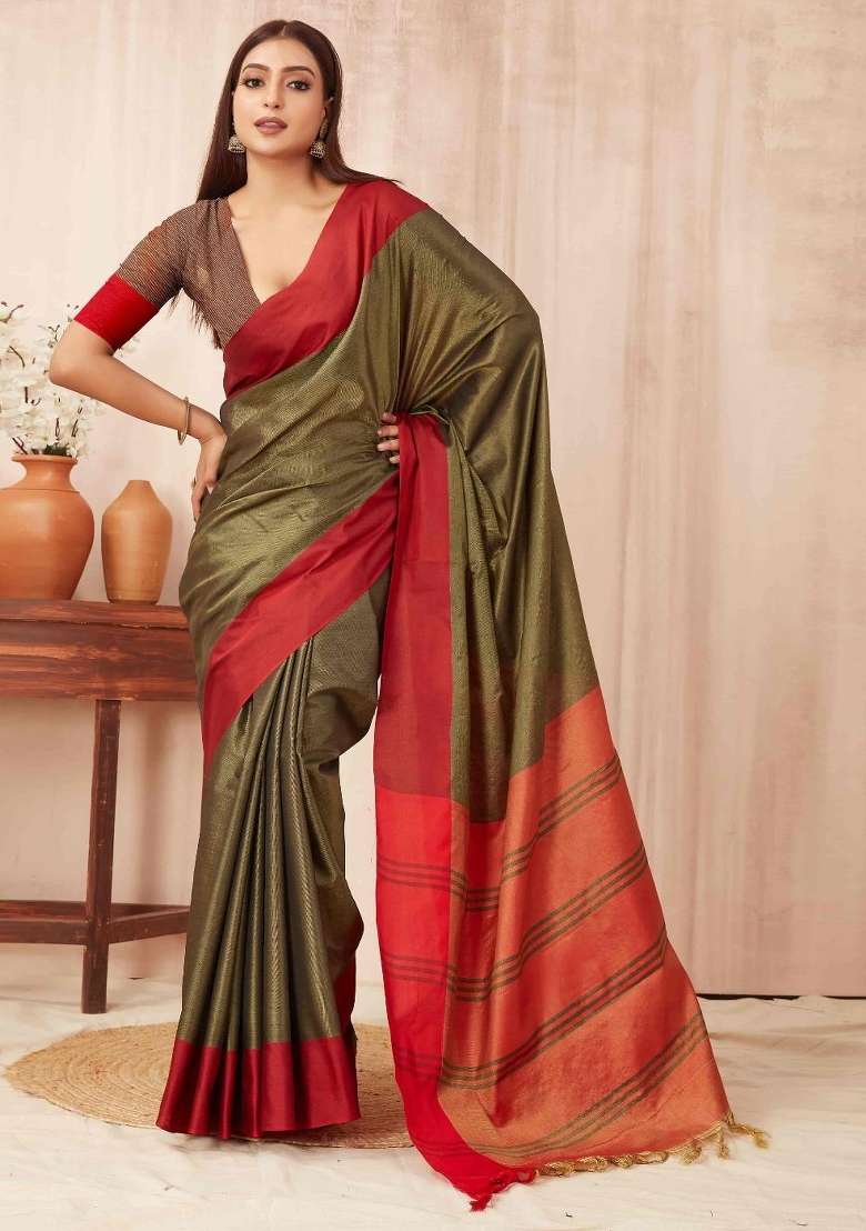 Olive Plain Silk Blend Saree Set for Diwali and Festive Wear - Indya