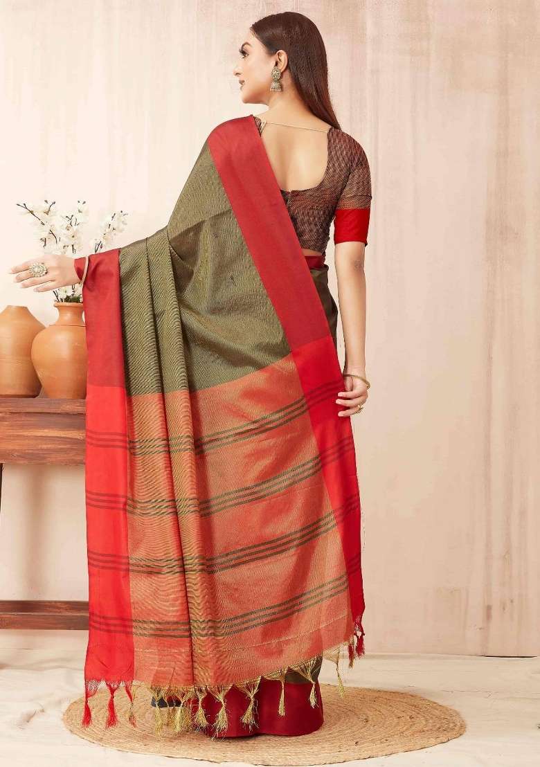 Olive Plain Silk Blend Saree Set for Diwali and Festive Wear - Indya