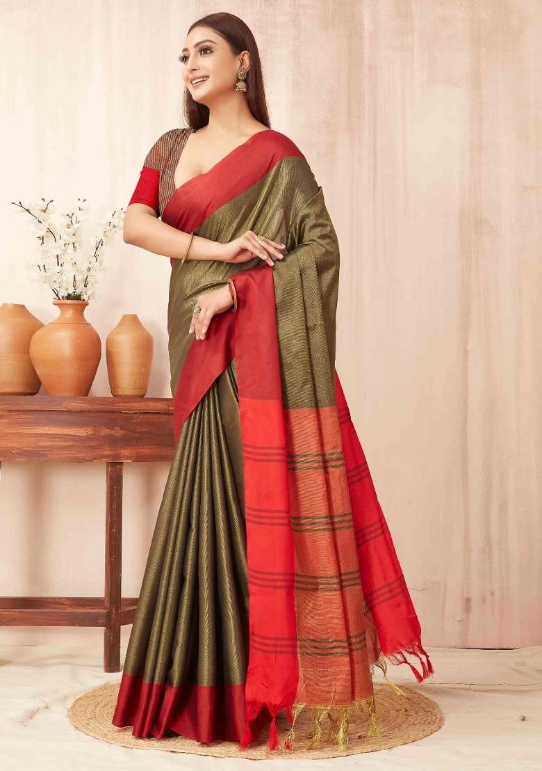 Olive Plain Silk Blend Saree Set for Diwali and Festive Wear - Indya