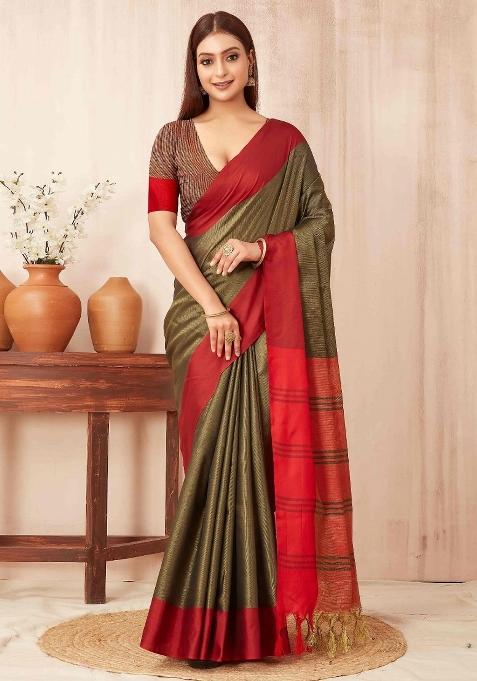 Olive Plain Silk Blend Saree Set
