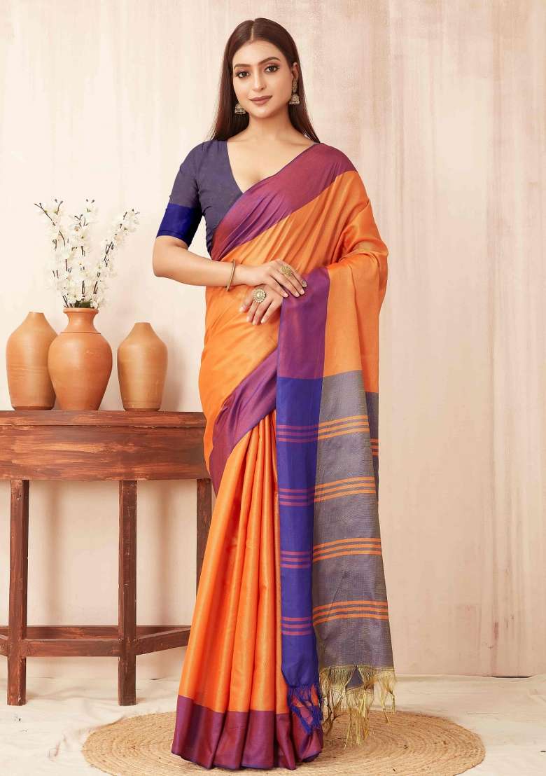 Orange Plain Silk Blend Saree Set for Diwali | Wedding & Festive Wear - Indya