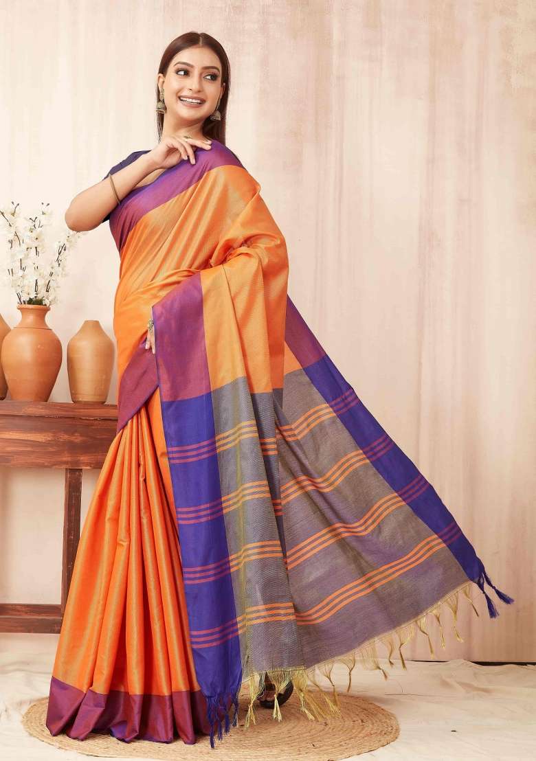 Orange Plain Silk Blend Saree Set for Diwali | Wedding & Festive Wear - Indya