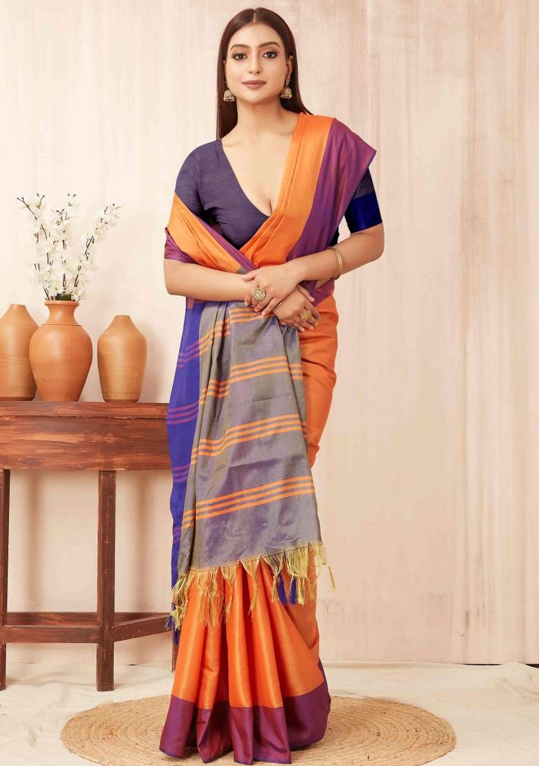 Orange Plain Silk Blend Saree Set for Diwali | Wedding & Festive Wear - Indya