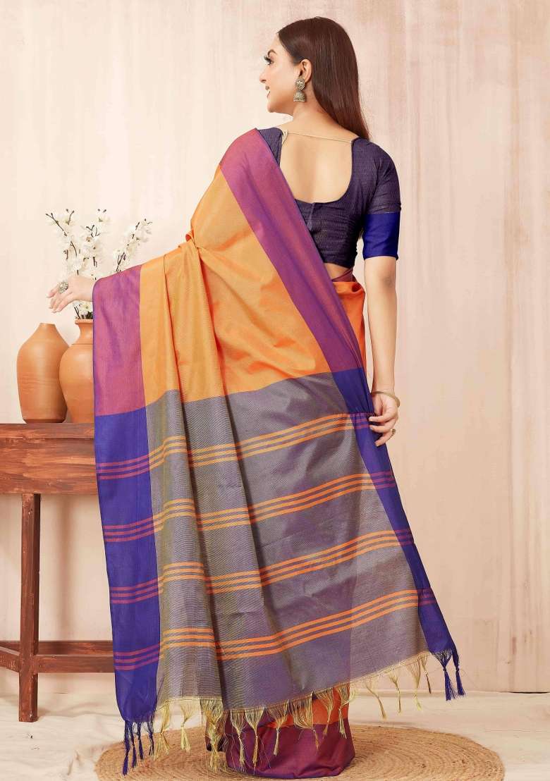 Orange Plain Silk Blend Saree Set for Diwali | Wedding & Festive Wear - Indya