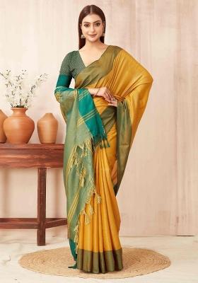 Yellow Plain Silk Blend Saree Set
